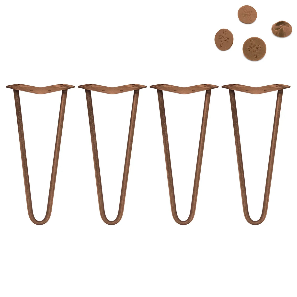 Antique copper hairpin legs set of four, 12 inches tall, featuring a sleek 2-prong design and a smooth, durable finish