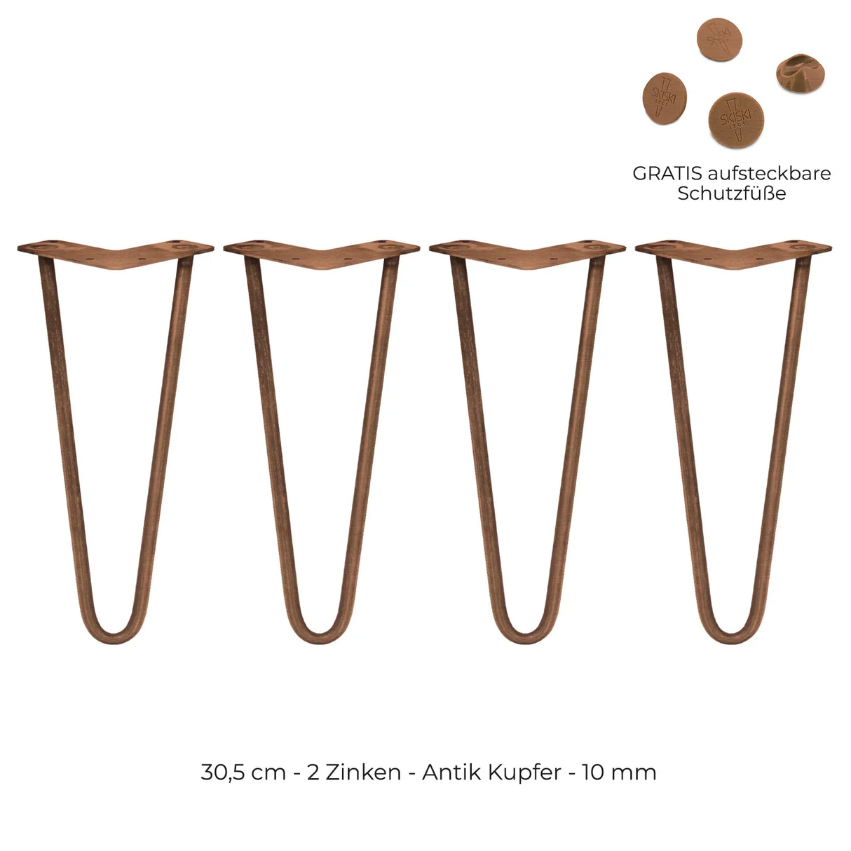 Antique copper 4 x 12" hairpin legs with 2 prongs, featuring a sleek design and smooth finish, ideal for furniture projects