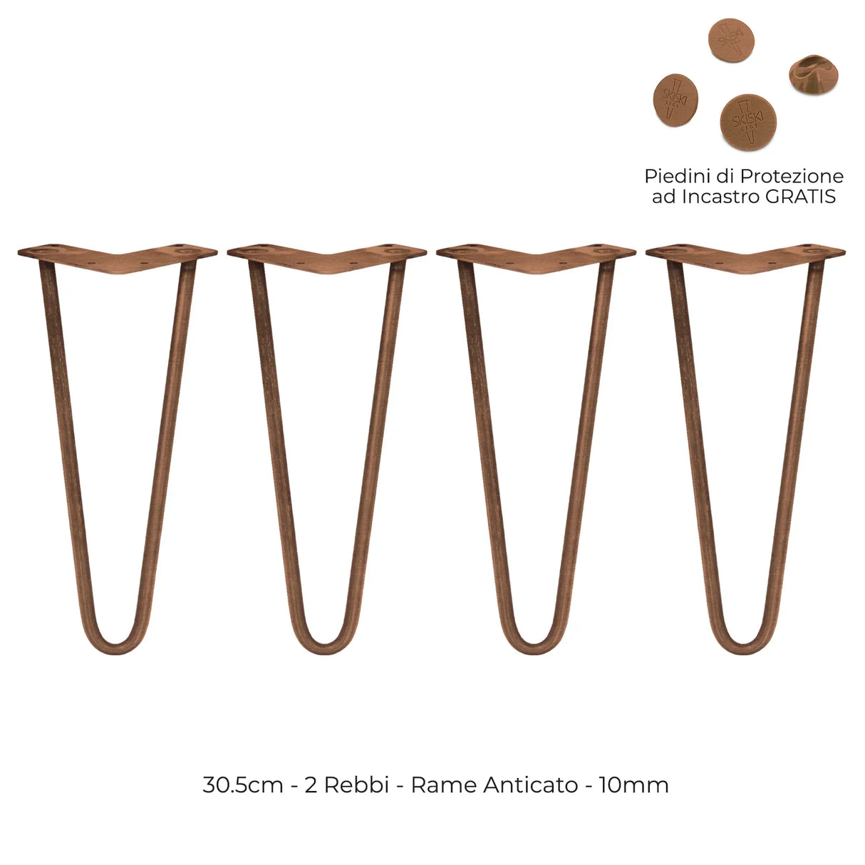 Antique copper 4 x 12" hairpin legs with a sleek, minimalist design, featuring a sturdy 10mm thickness and two prongs for stability