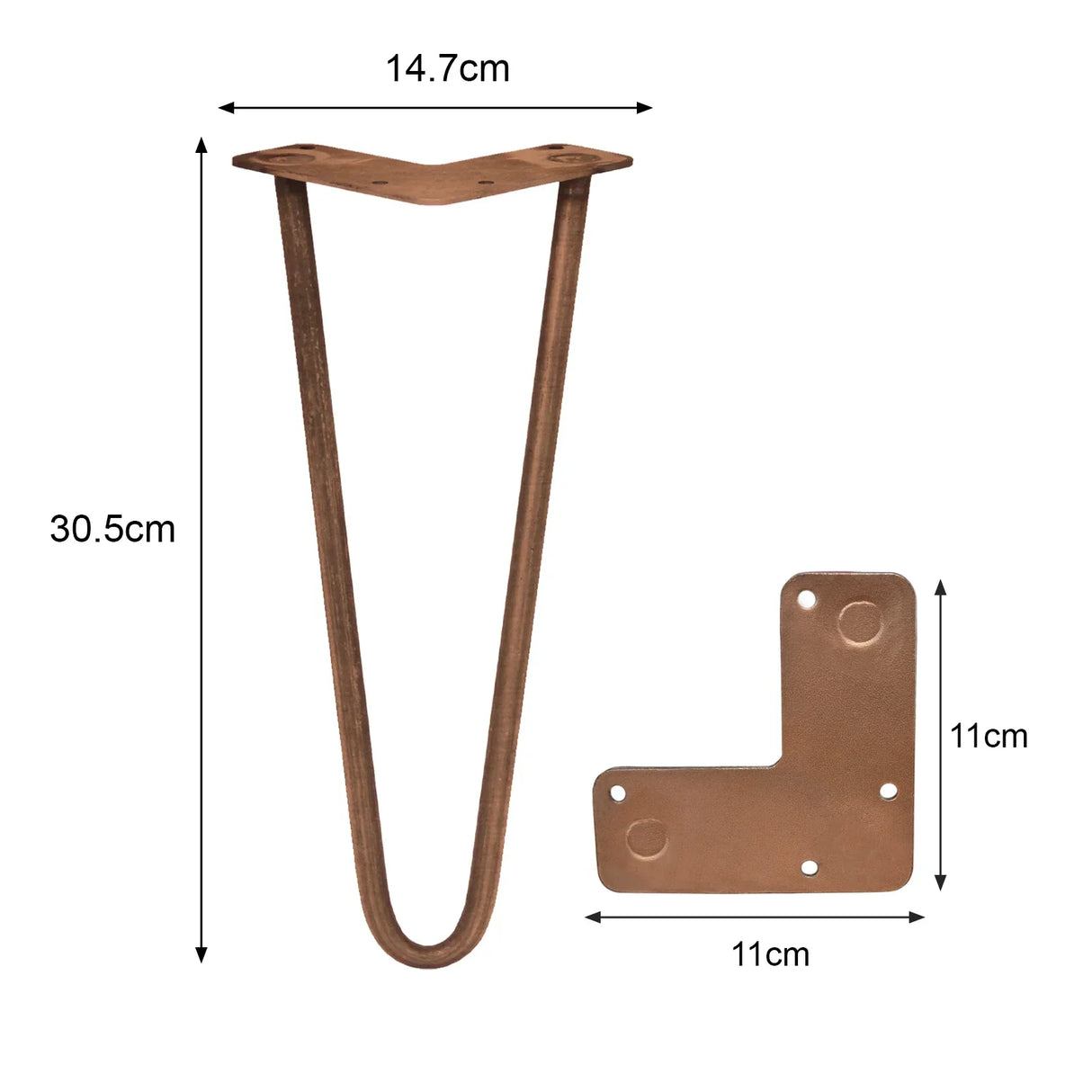 Antique copper hairpin legs, 4 x 12 inches, featuring a sleek, minimalist design with a 10mm thickness and 2-prong attachment for furniture assembly
