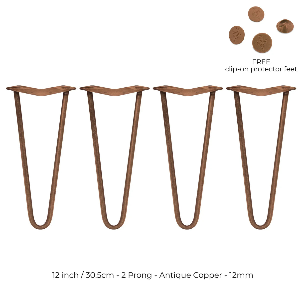 Antique copper 12-inch hairpin legs with a sleek, minimalist design, featuring two prongs and included clip-on protector feet