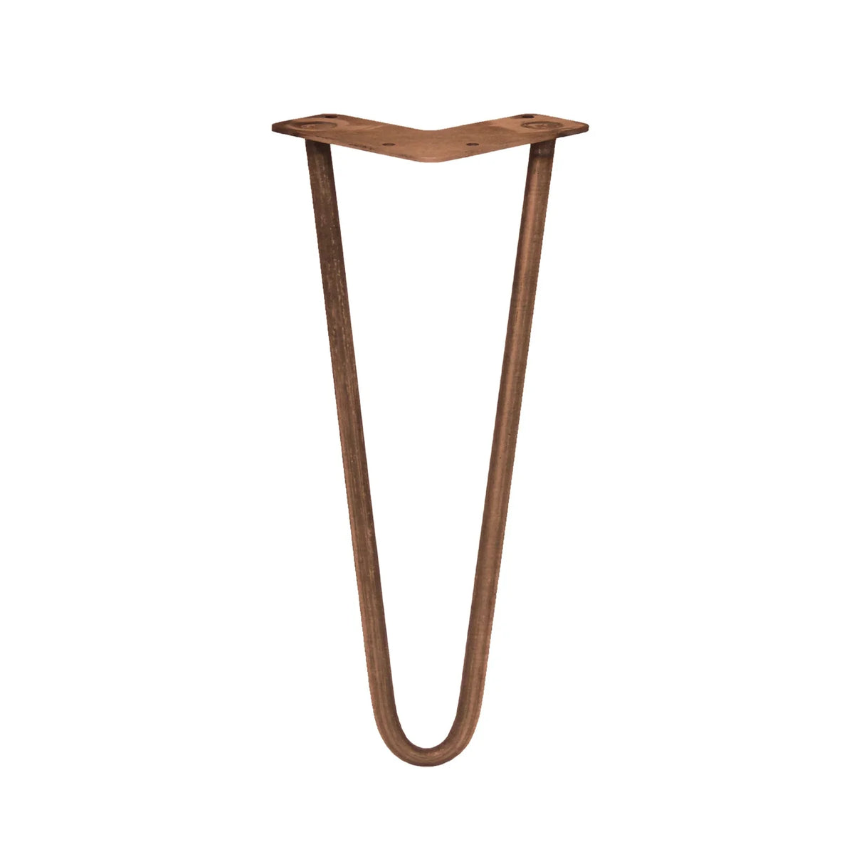 Antique copper hairpin leg with a sleek, minimalist design, featuring a sturdy 12mm thickness and a unique 2-prong shape