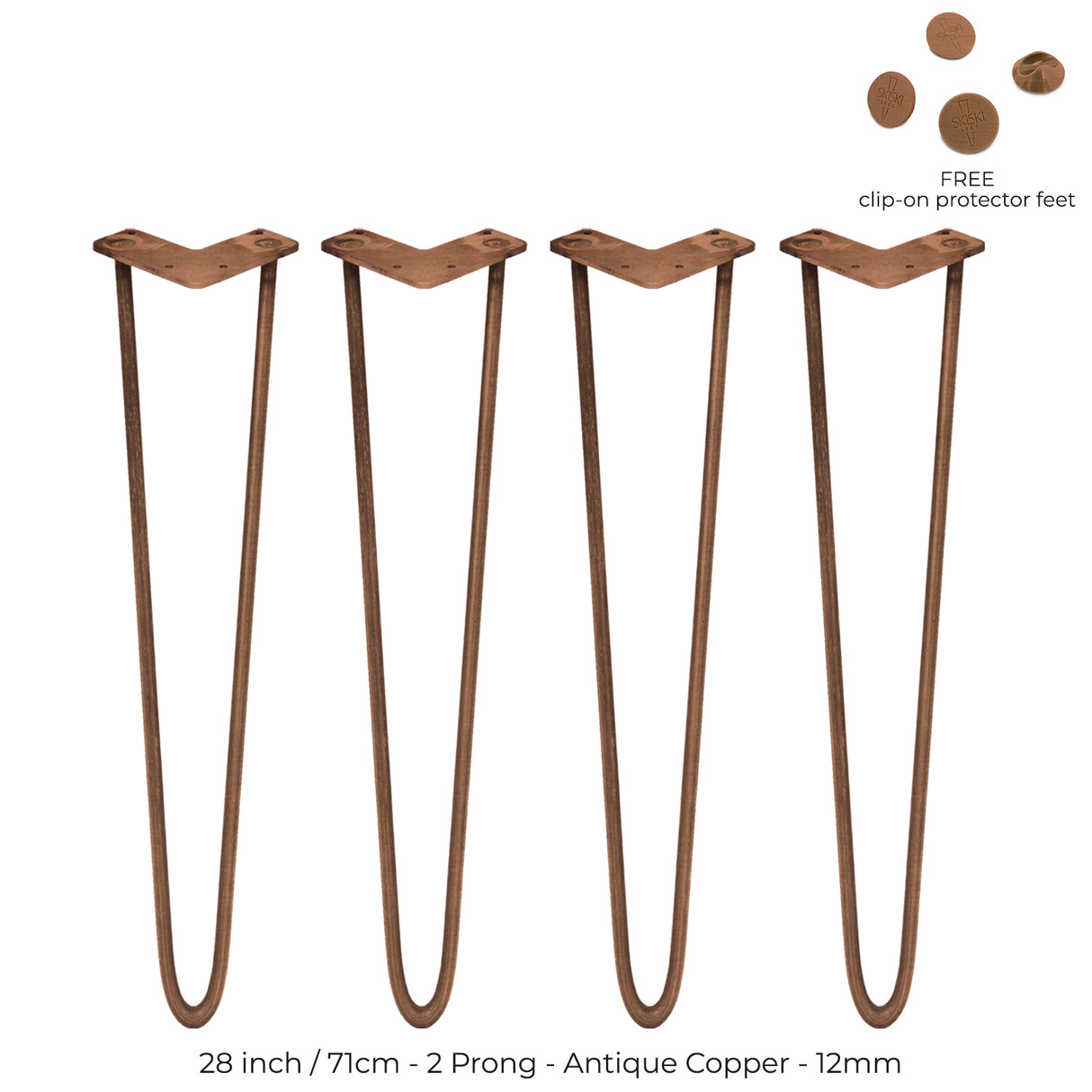 28-inch antique copper hairpin legs with a sleek 2-prong design, perfect for DIY furniture projects, featuring clip-on protector feet
