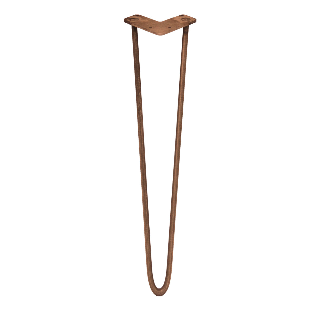 Antique copper hairpin leg with a sleek 2-prong design, measuring 28 inches, perfect for modern furniture projects