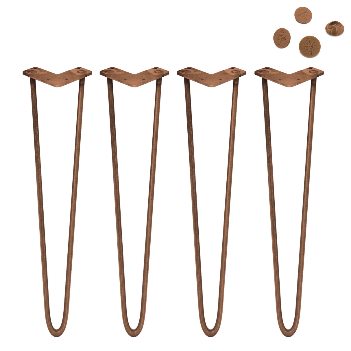 Antique copper hairpin legs set of four, 28 inches tall, featuring a sleek 2-prong design and smooth, durable finish for furniture projects