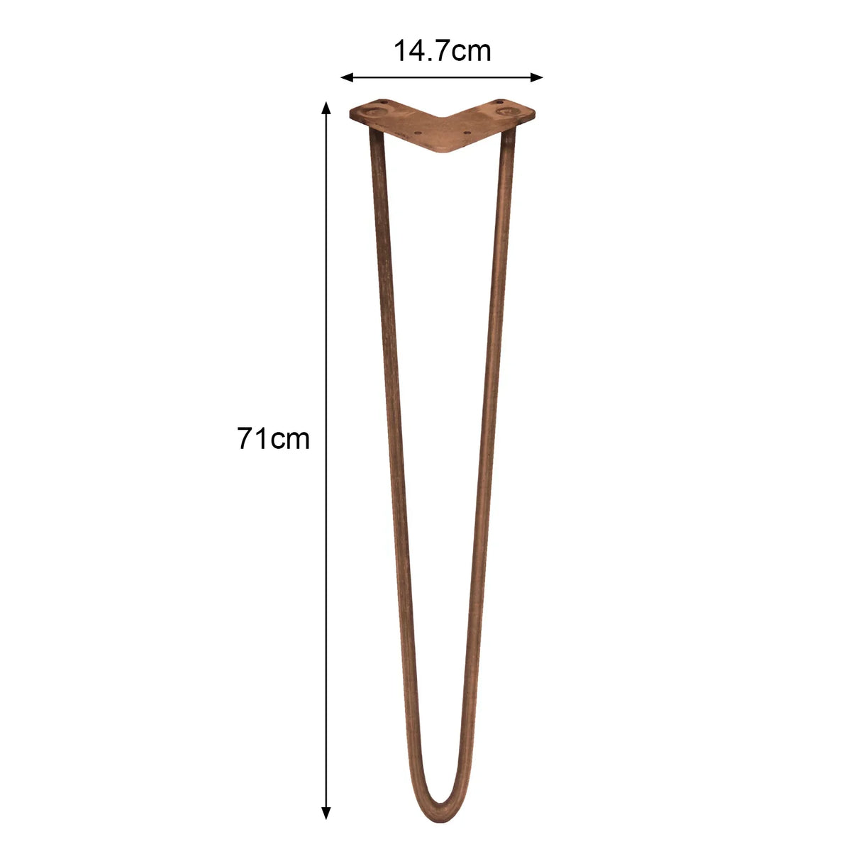 Antique copper 28-inch hairpin leg with a sleek, curved design and two prongs, ideal for modern furniture projects