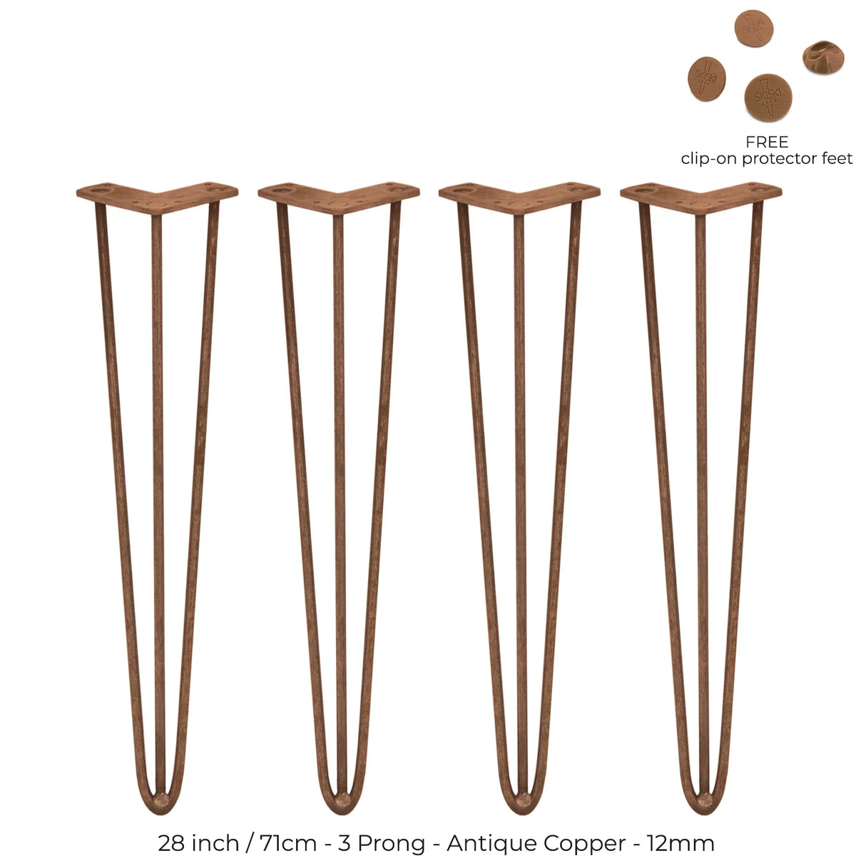 28-inch antique copper hairpin legs with a 3-prong design, featuring a sleek, modern shape and included clip-on protector feet