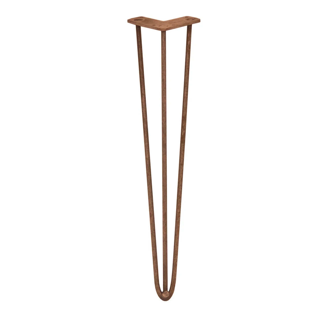 Antique copper 28-inch hairpin leg with a 3-prong design, featuring a sleek, modern shape and a textured finish for added style