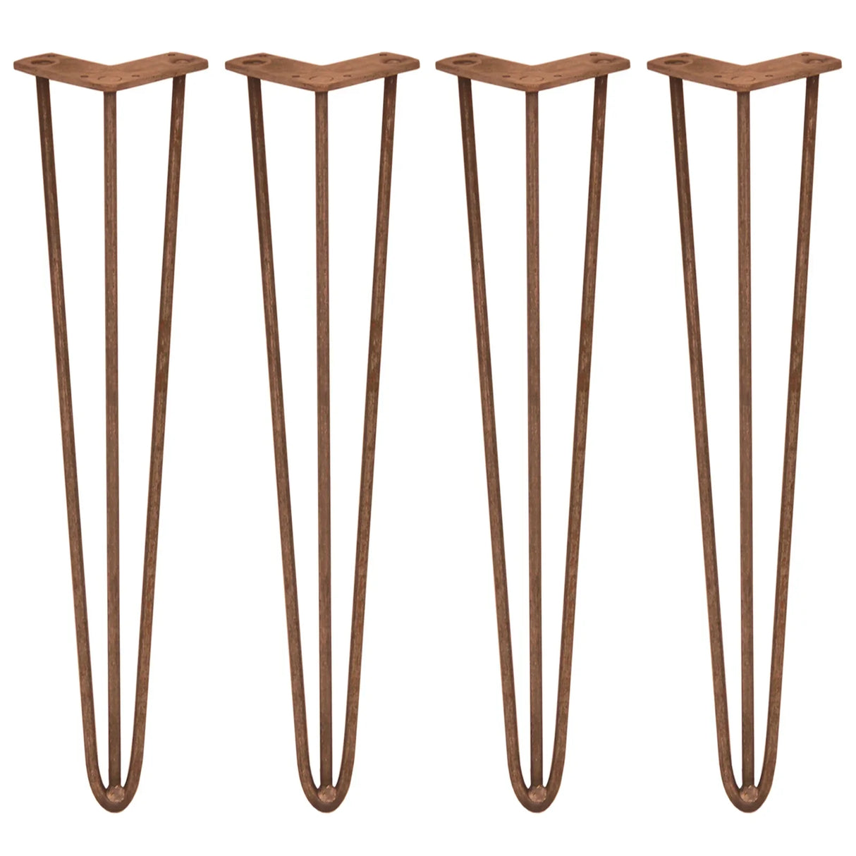 Antique copper hairpin legs set of four, 28 inches tall, featuring a sleek 3-prong design and sturdy 12mm metal construction
