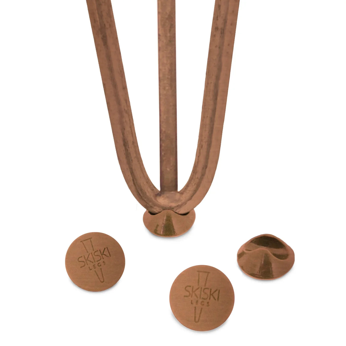 Antique copper 28" hairpin legs with three prongs, featuring a sleek design and round protective feet for stability