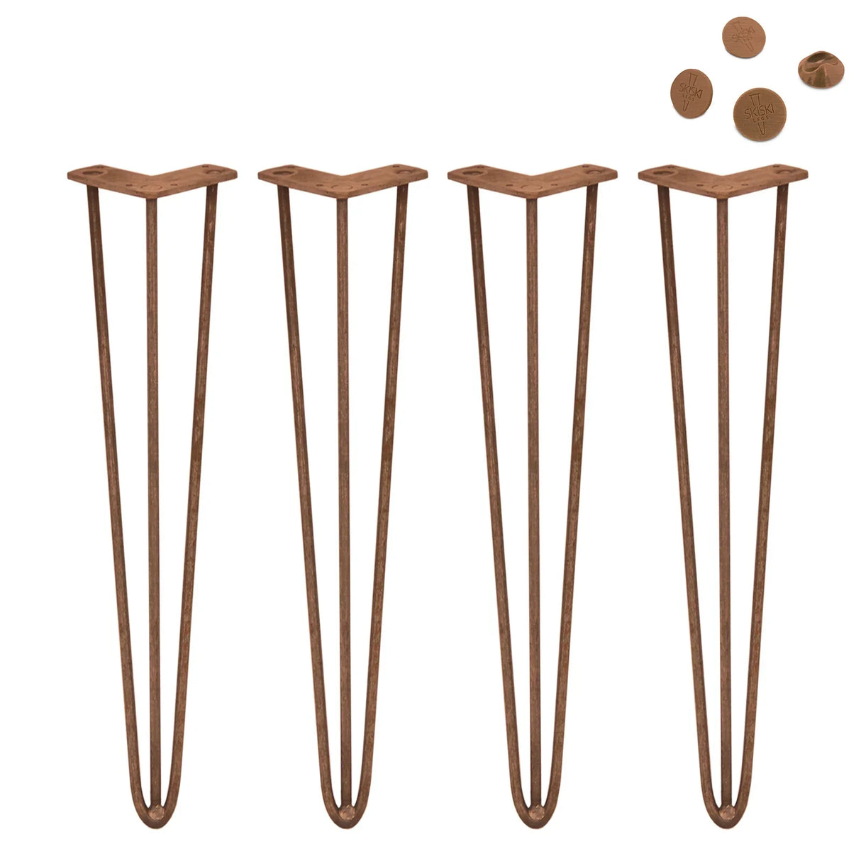 Antique copper 4-pack of 28-inch hairpin legs with a 3-prong design, featuring a sleek, modern shape and smooth finish