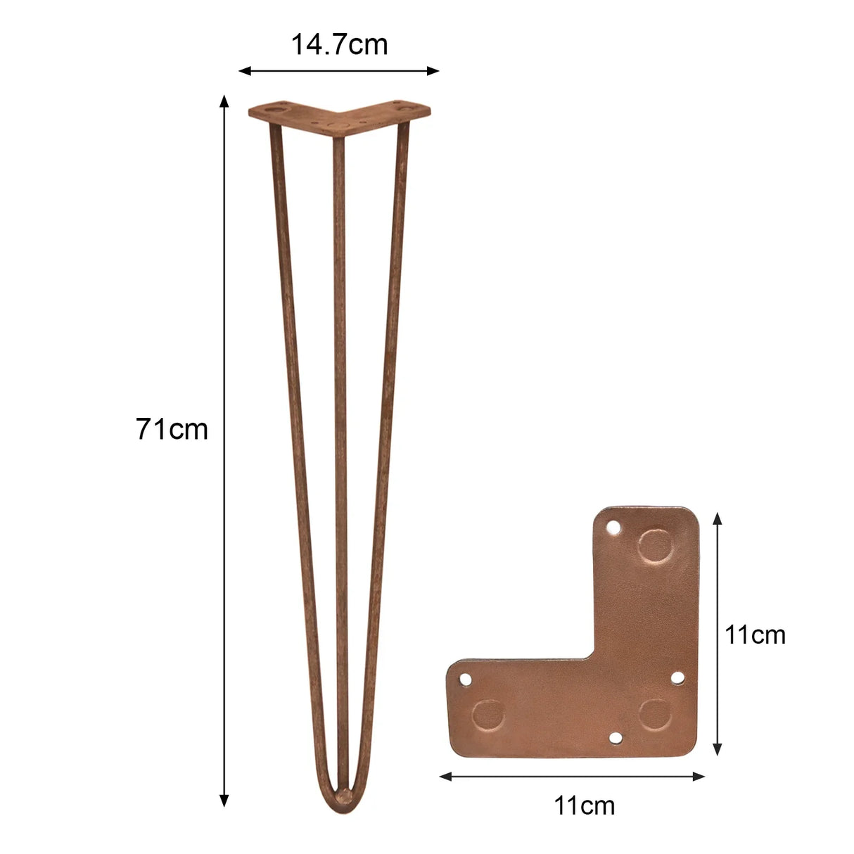 Antique copper hairpin legs, 28 inches tall, featuring a 3-prong design with a sleek, modern finish and sturdy construction