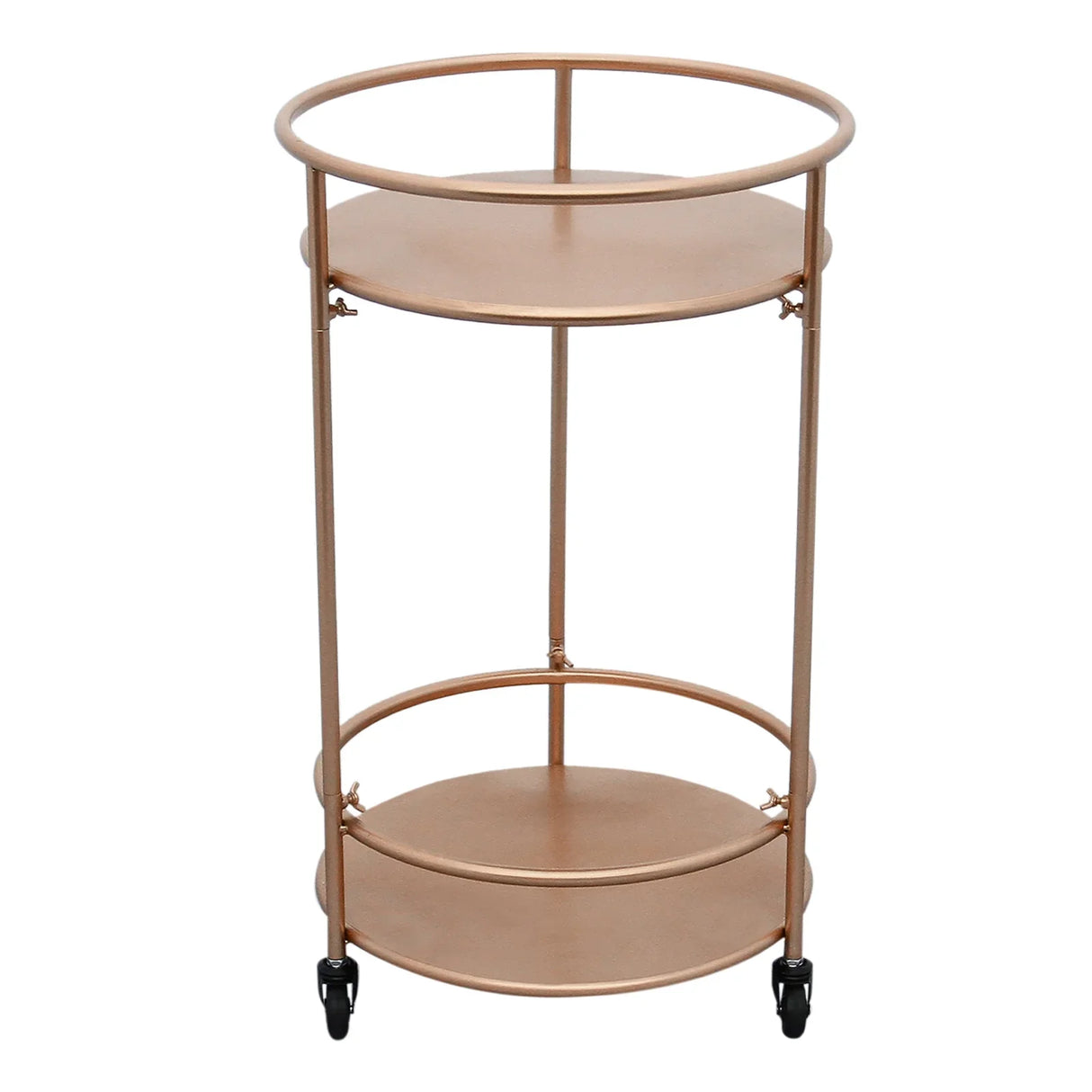 Rose gold small drinks trolley bar cart with two circular shelves and wheels for easy mobility, perfect for entertaining