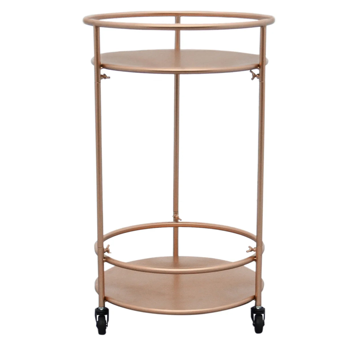 Rose gold small drinks trolley bar cart with two circular shelves, sleek metal frame, and rolling wheels for easy mobility