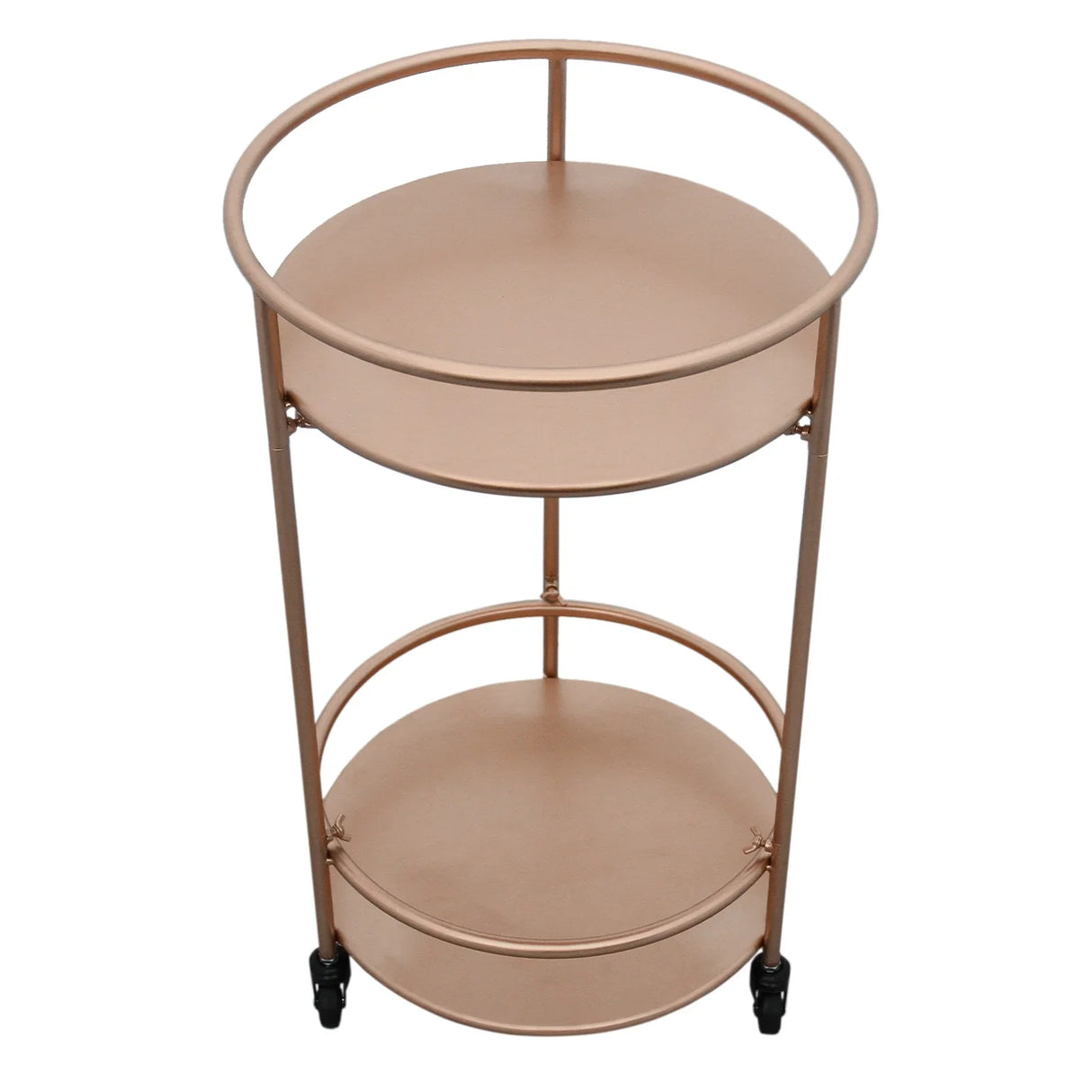 Rose gold drinks trolley bar cart with two circular shelves, sleek metal finish, and rolling wheels for easy mobility