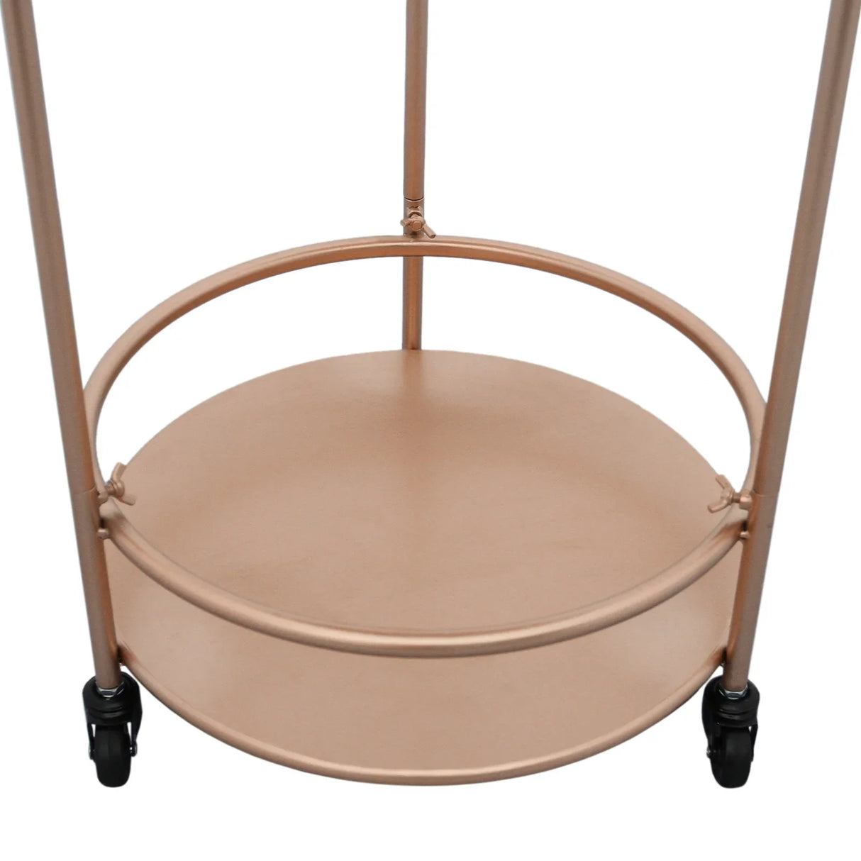 Rose gold small drinks trolley bar cart featuring a sleek circular base and sturdy wheels for easy mobility and elegant style