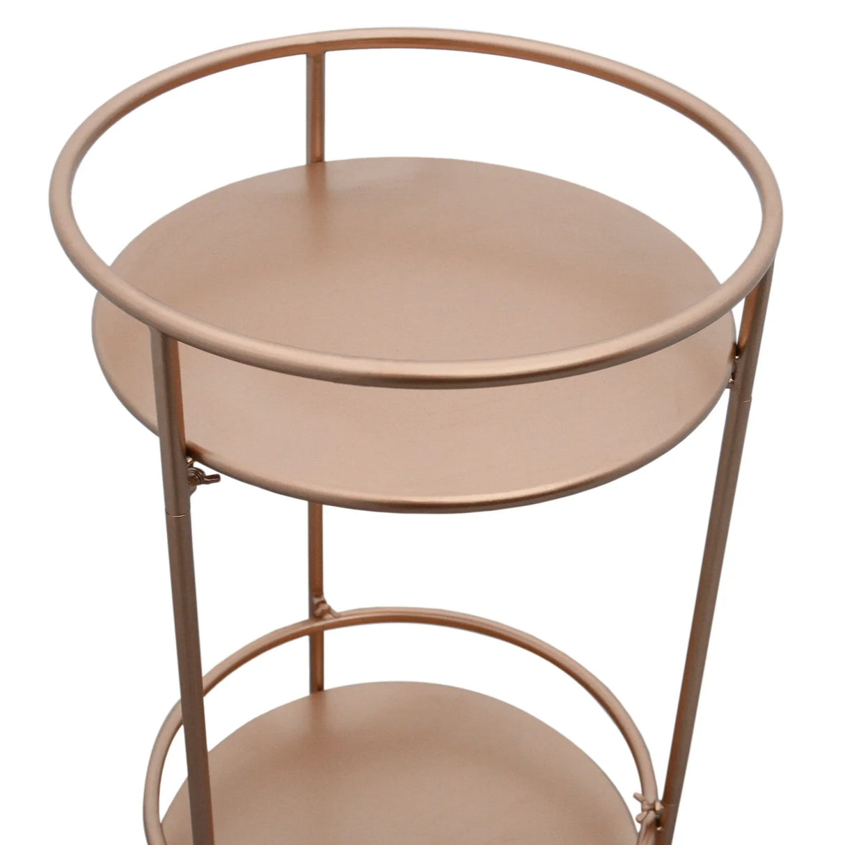Rose gold drinks trolley bar cart with two circular shelves, featuring a sleek metal frame and smooth, reflective surfaces