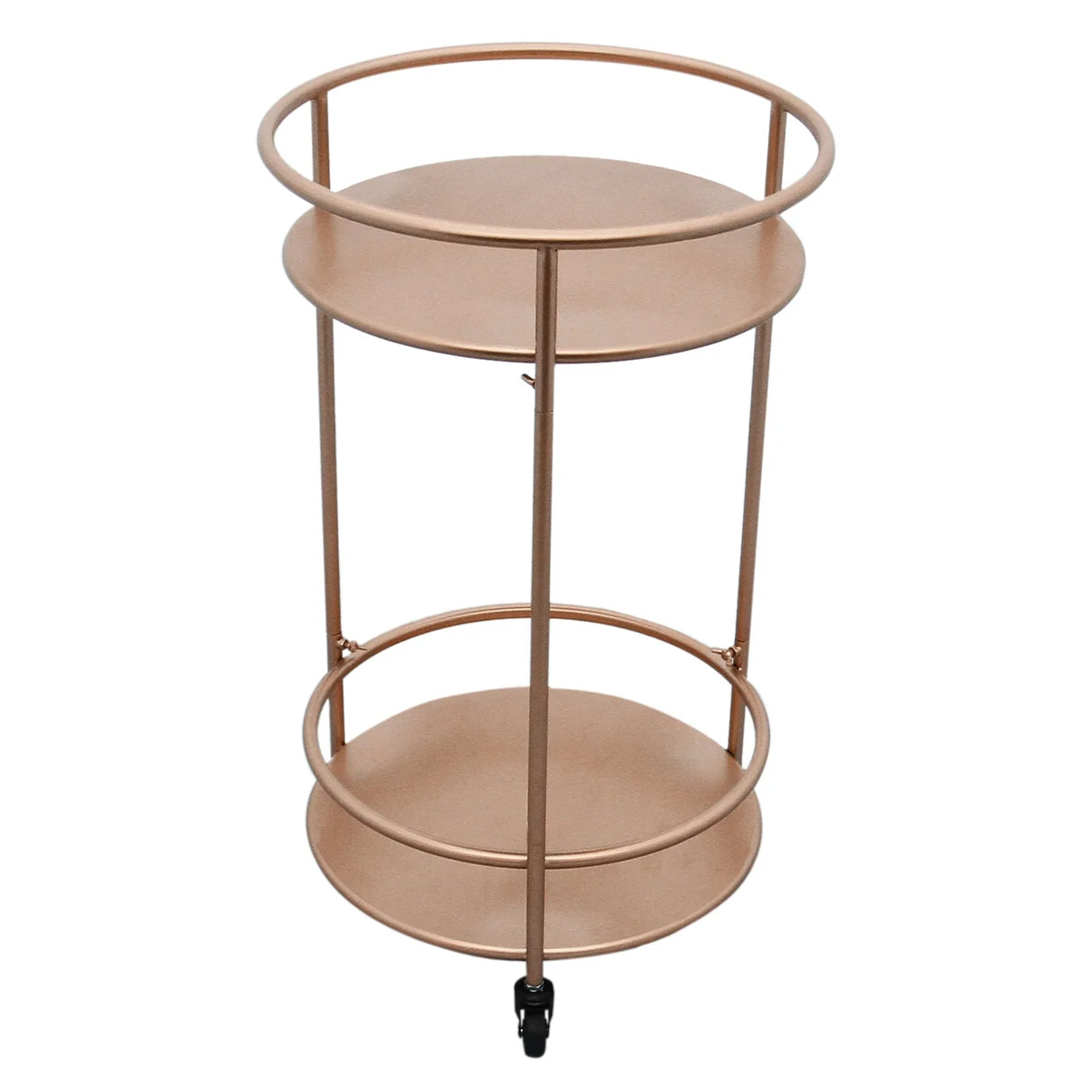 Small rose gold drinks trolley bar cart with two circular shelves, sleek metal frame, and rolling wheels for easy mobility