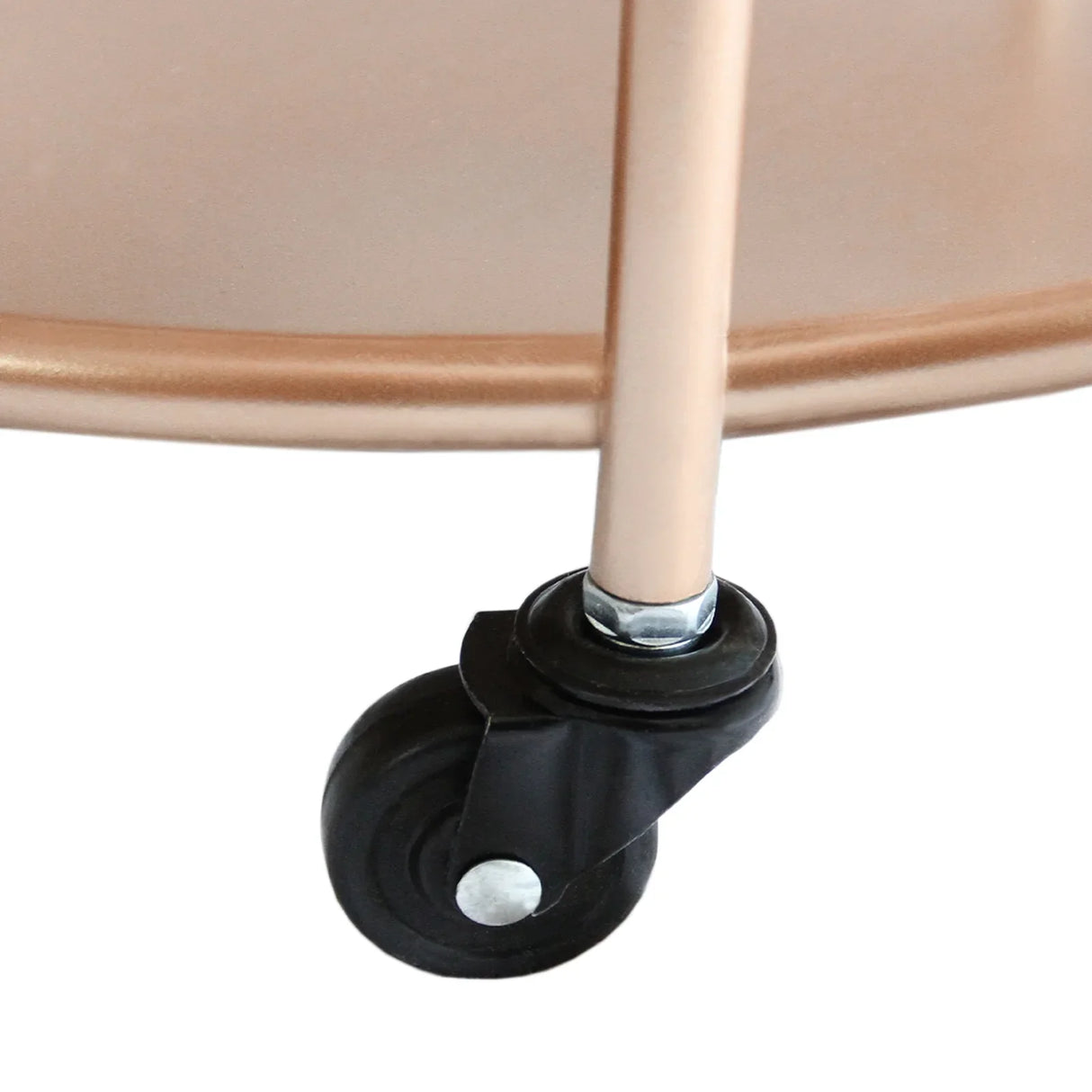Rose gold small drinks trolley bar cart featuring a sleek design, smooth round shelves, and sturdy black wheels for easy mobility