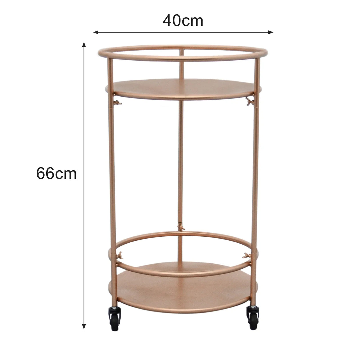 Rose gold drinks trolley bar cart with two circular shelves, sleek metal frame, and smooth wheels for easy mobility