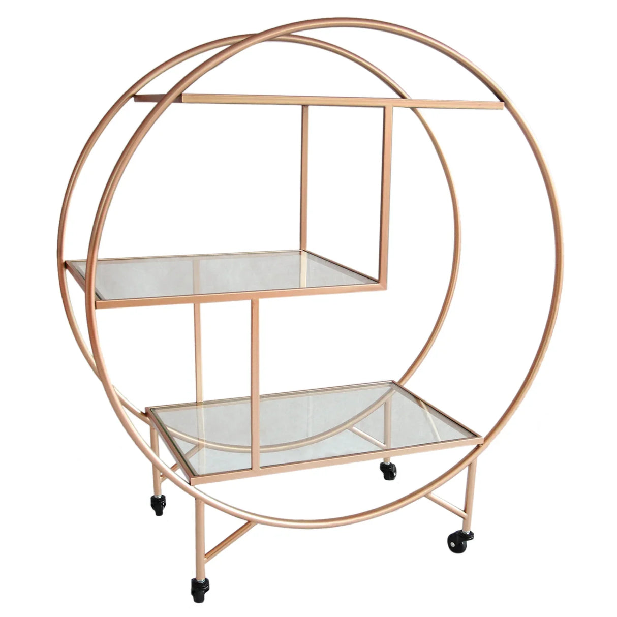 Rose gold drinks trolley bar cart with two glass shelves, circular frame, and rolling wheels for easy mobility and stylish storage