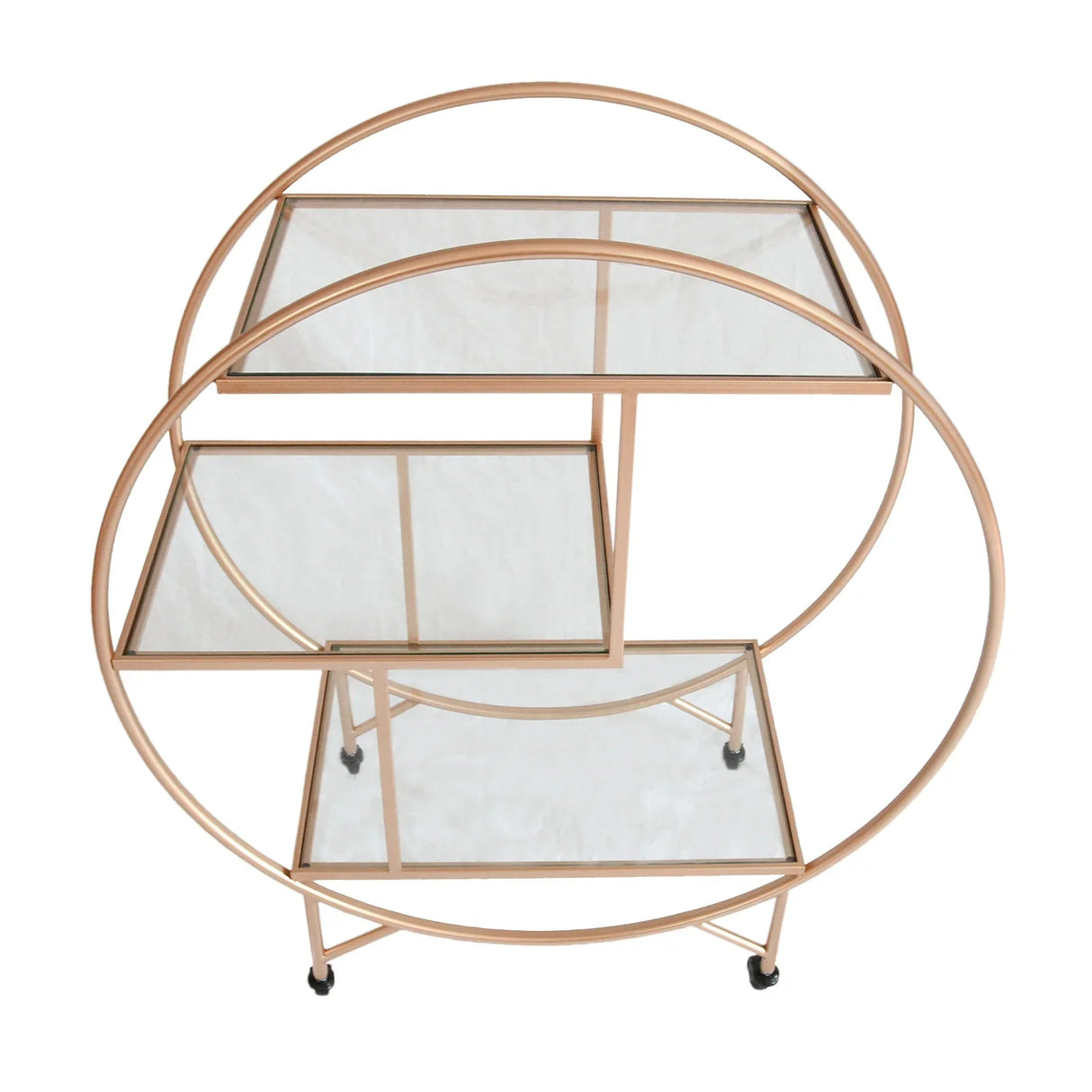 Large rose gold drinks trolley bar cart featuring three glass shelves and a modern circular design on rolling wheels