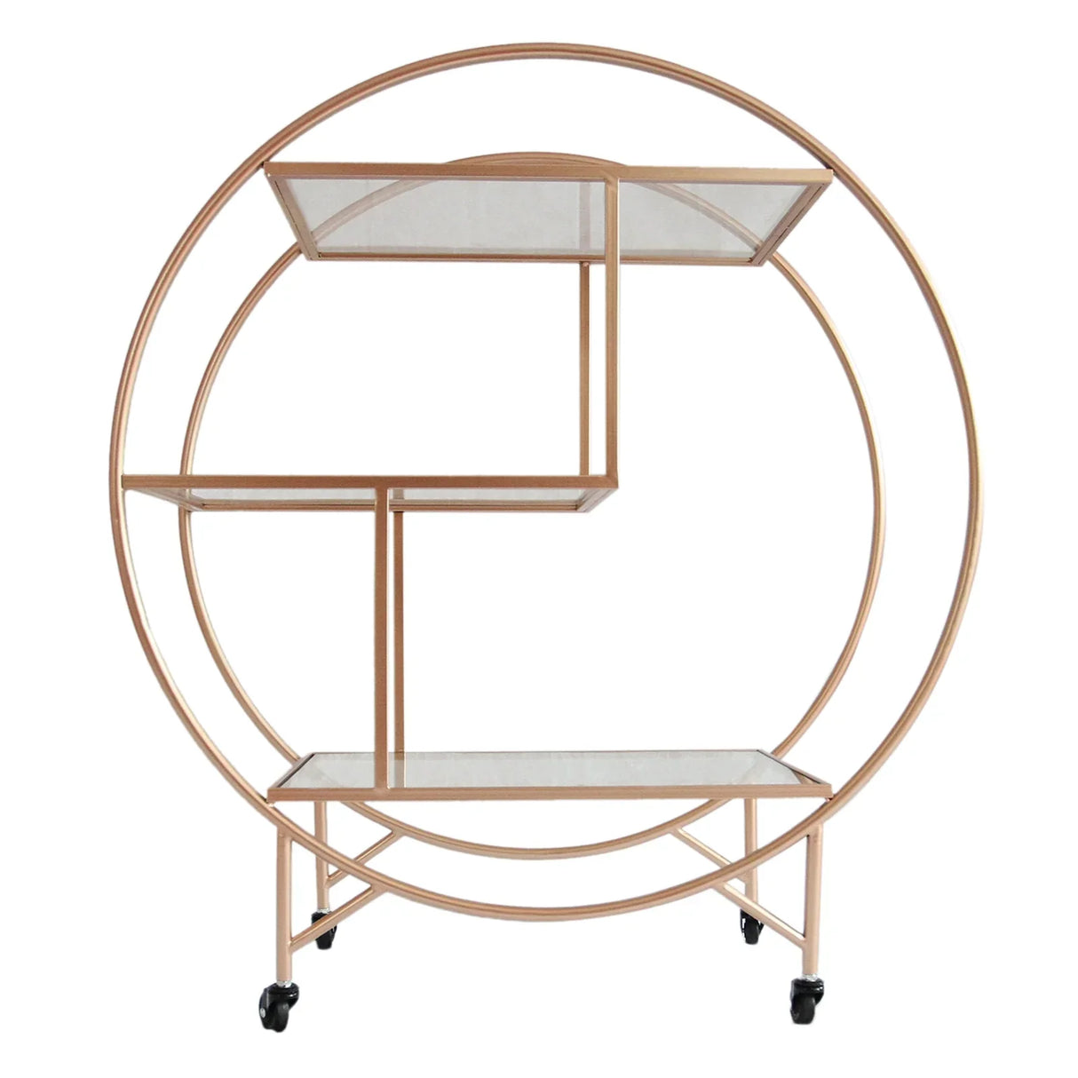 Large rose gold drinks trolley bar cart with circular design, two glass shelves, and rolling wheels for easy mobility