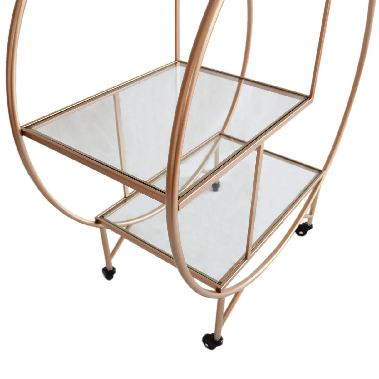 Large rose gold drinks trolley bar cart with two mirrored glass shelves and sleek circular frame, ideal for stylish entertaining