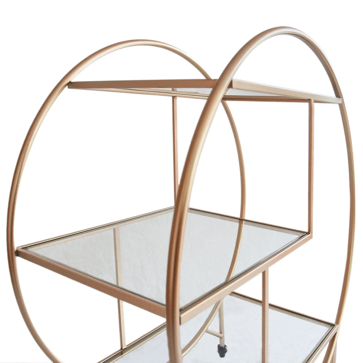 Large rose gold drinks trolley bar cart featuring sleek circular design, mirrored shelves, and elegant metal frame for stylish serving