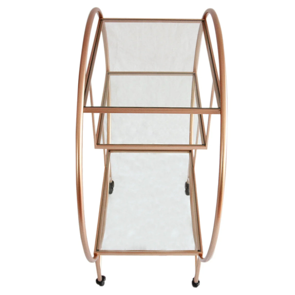 Large rose gold drinks trolley bar cart featuring two glass shelves and curved metal frame, ideal for stylish entertaining