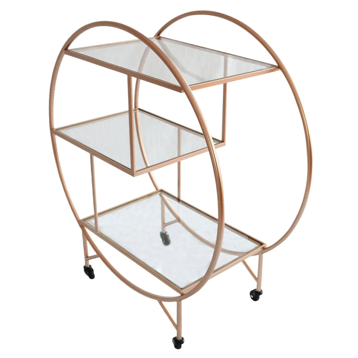 Large rose gold drinks trolley bar cart with three glass shelves and circular frame, ideal for stylish entertaining and home decor
