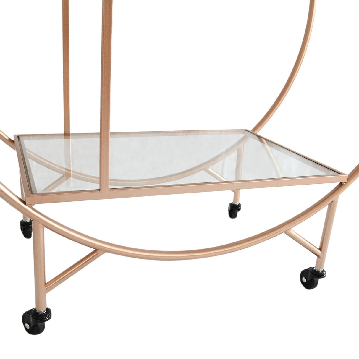 Large rose gold drinks trolley bar cart featuring a sleek glass top shelf and smooth rolling wheels for easy mobility