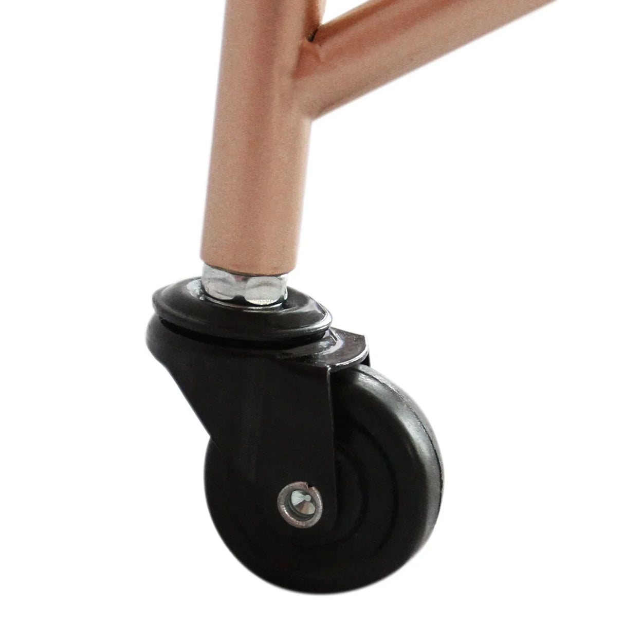 Close-up of a rose gold drinks trolley bar cart wheel, featuring a sleek design with a black rubber tire and sturdy metal frame