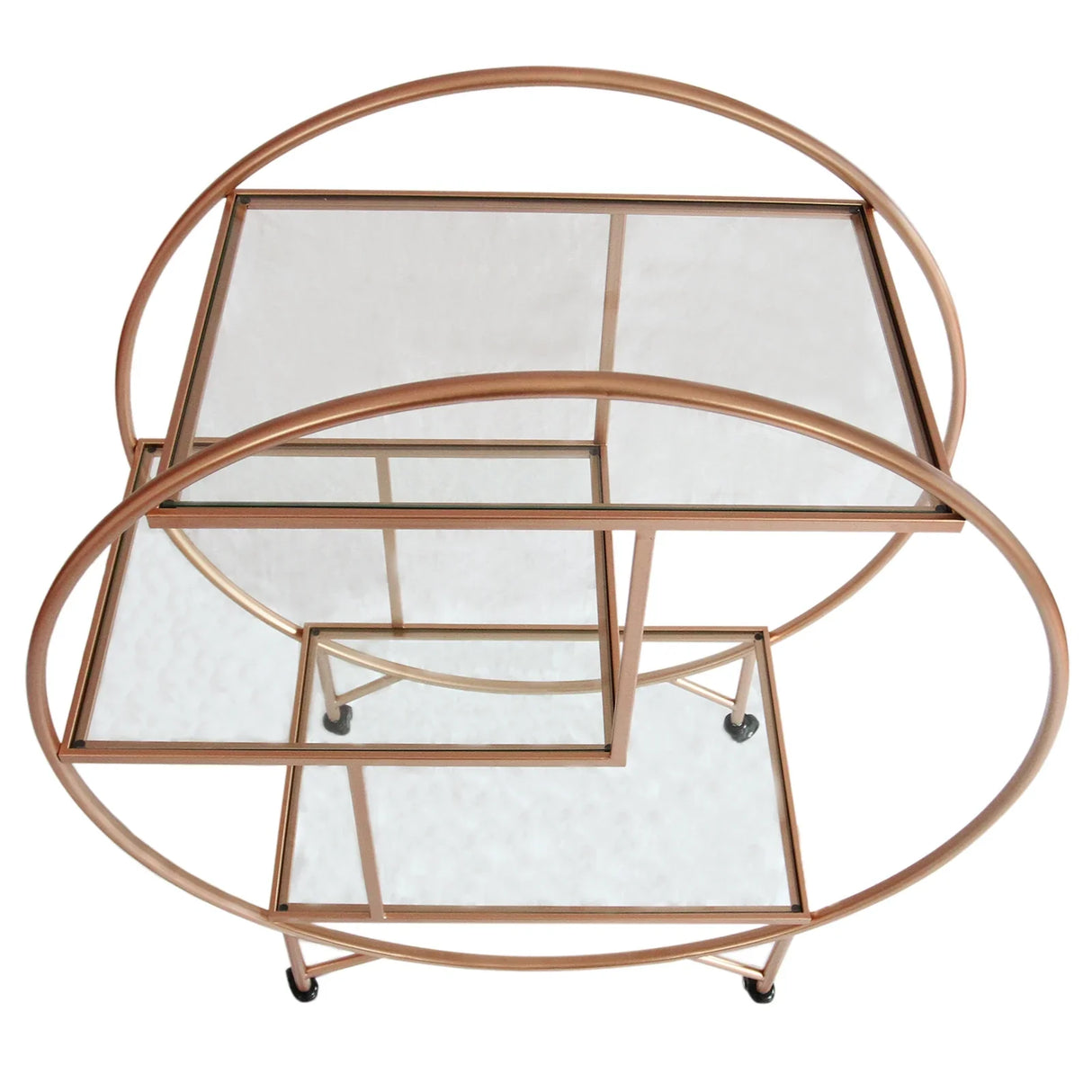 Large rose gold drinks trolley bar cart featuring sleek glass shelves and a modern circular design, perfect for entertaining