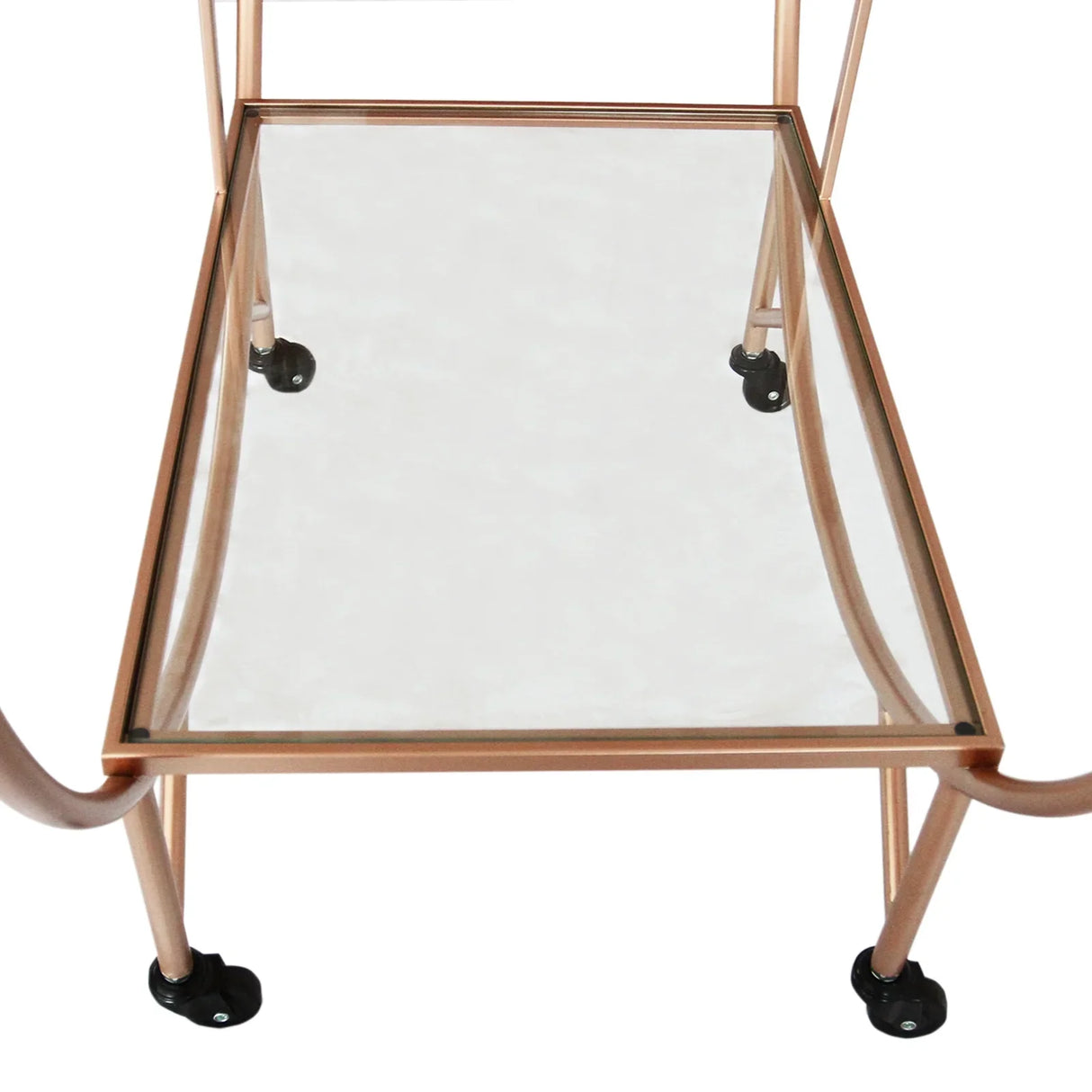 Large rose gold drinks trolley bar cart featuring a sleek glass top and sturdy metal frame, perfect for stylish entertaining