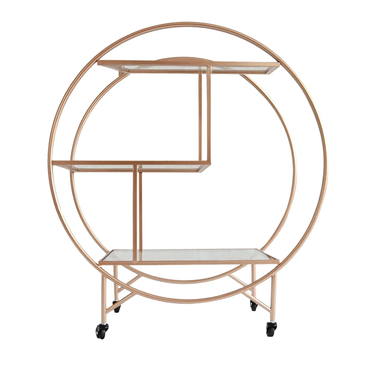 Large rose gold drinks trolley bar cart featuring a circular design, two glass shelves, and rolling wheels for easy mobility