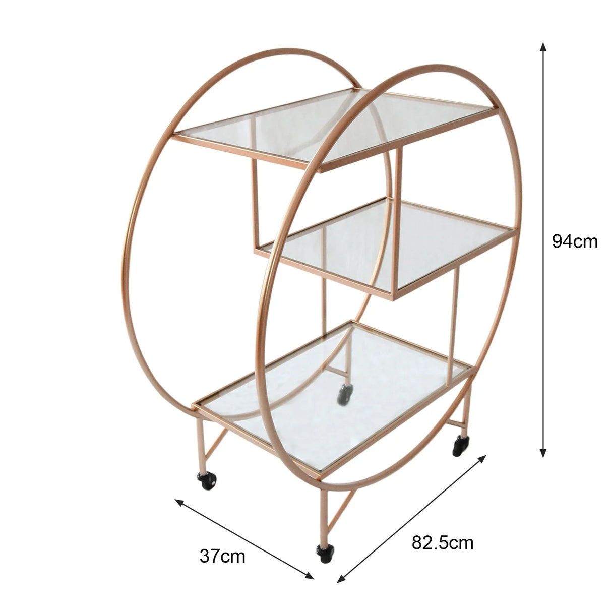 Large rose gold drinks trolley bar cart with circular design, two glass shelves, and rolling wheels for easy mobility