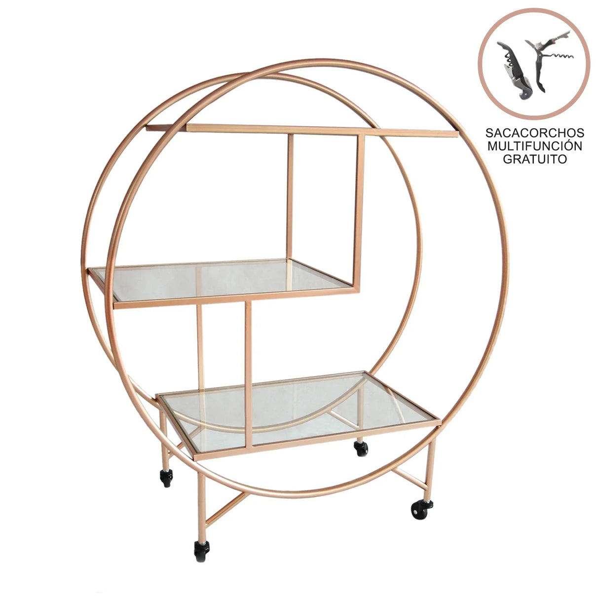 Large rose gold drinks trolley bar cart with circular design, glass shelves, and wheels for easy mobility, perfect for entertaining