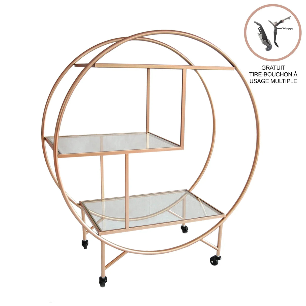Large rose gold drinks trolley bar cart with circular design, glass shelves, and wheels for easy mobility, perfect for entertaining