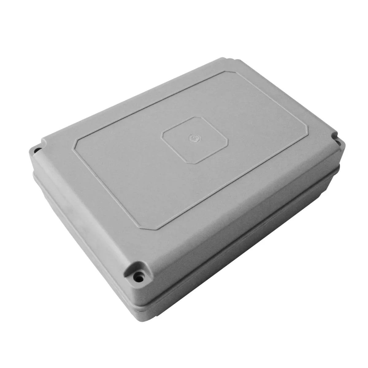 Gray weatherproof control box for electric swing gate opener, featuring a sleek design and secure mounting options