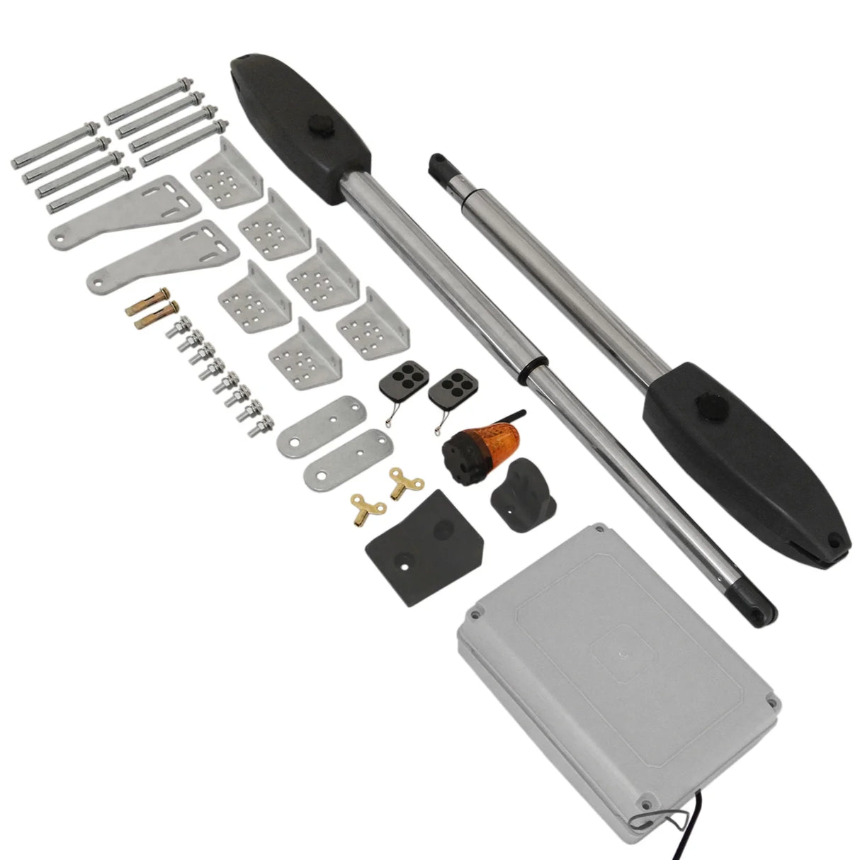 Electric swing gate opener set featuring two metal actuators, mounting brackets, screws, and a control box in a durable gray finish