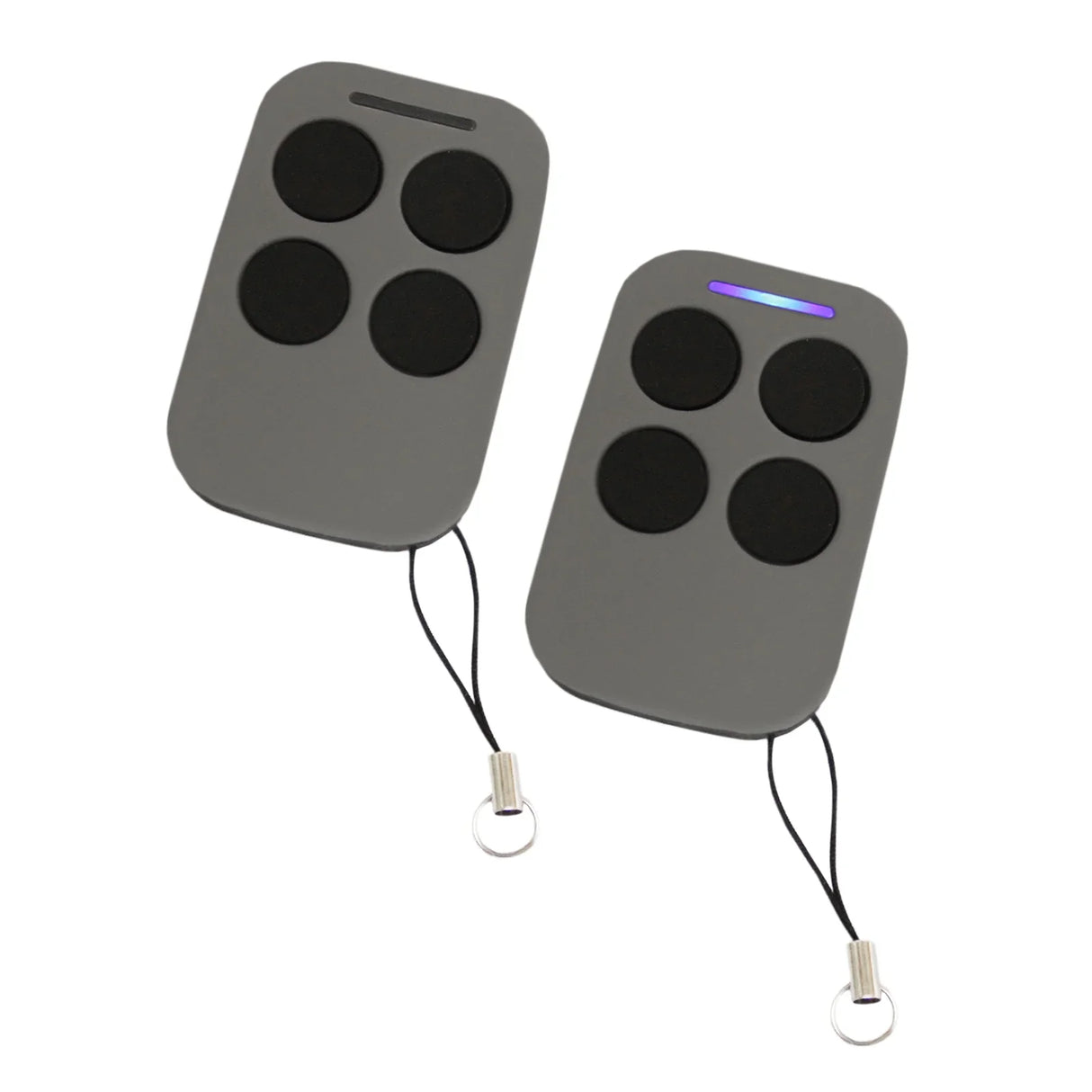Two gray remote controls for an electric swing gate opener, featuring four black buttons each and a keychain attachment for convenience