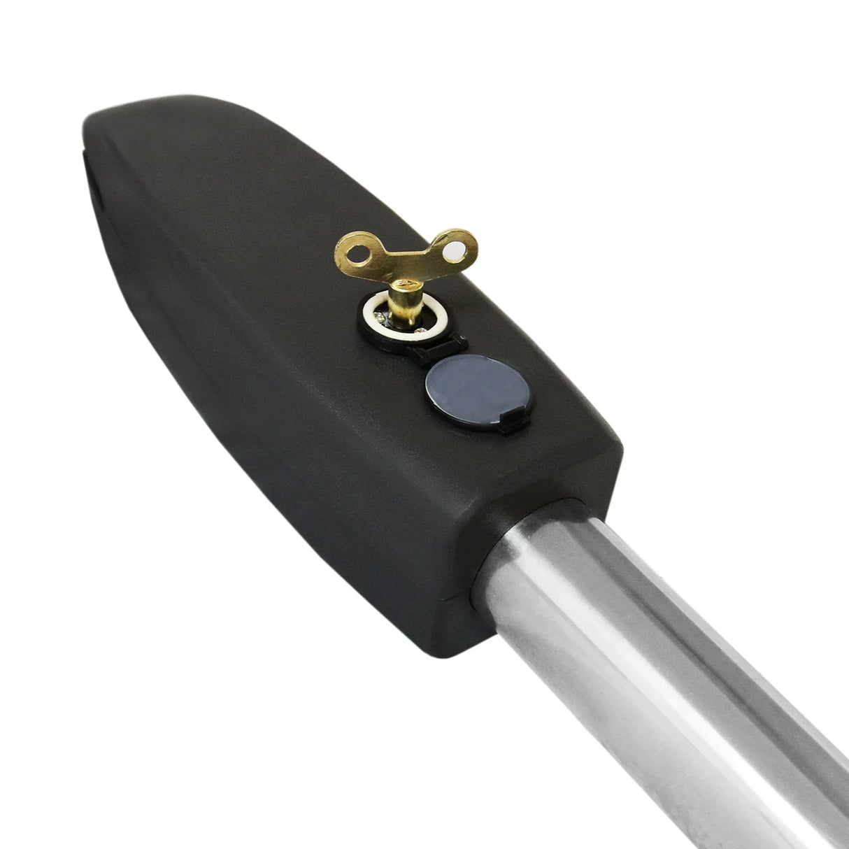 Electric swing gate opener set featuring a sleek black control box, metallic key slot, and durable silver arm for reliable operation