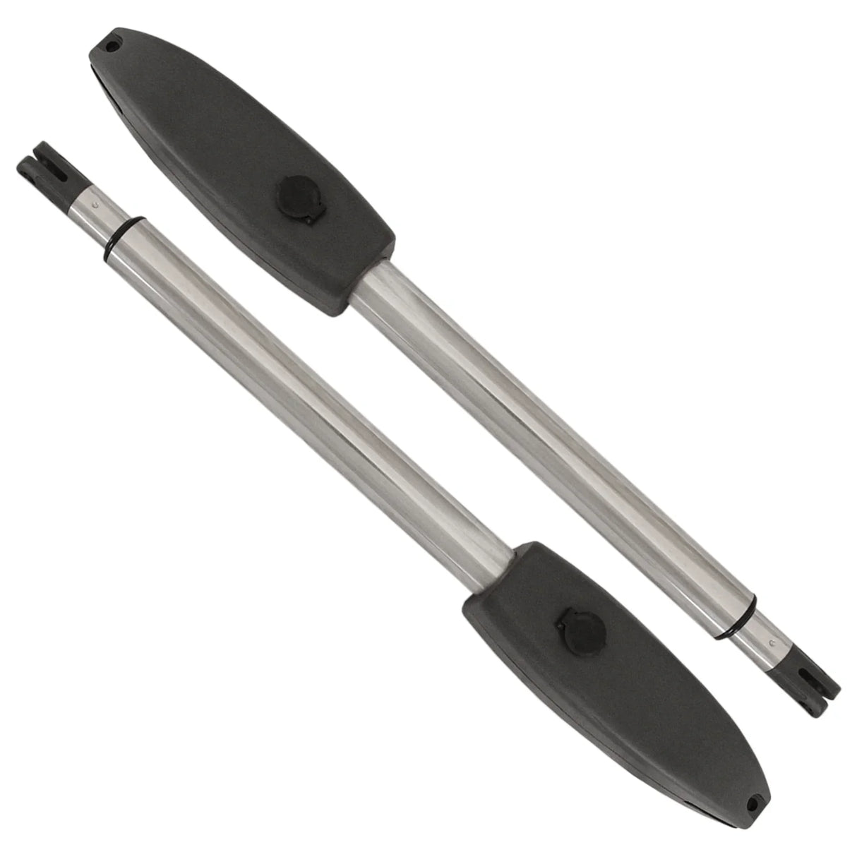 Electric swing gate opener set featuring durable stainless steel arms with black plastic ends, designed for efficient gate automation