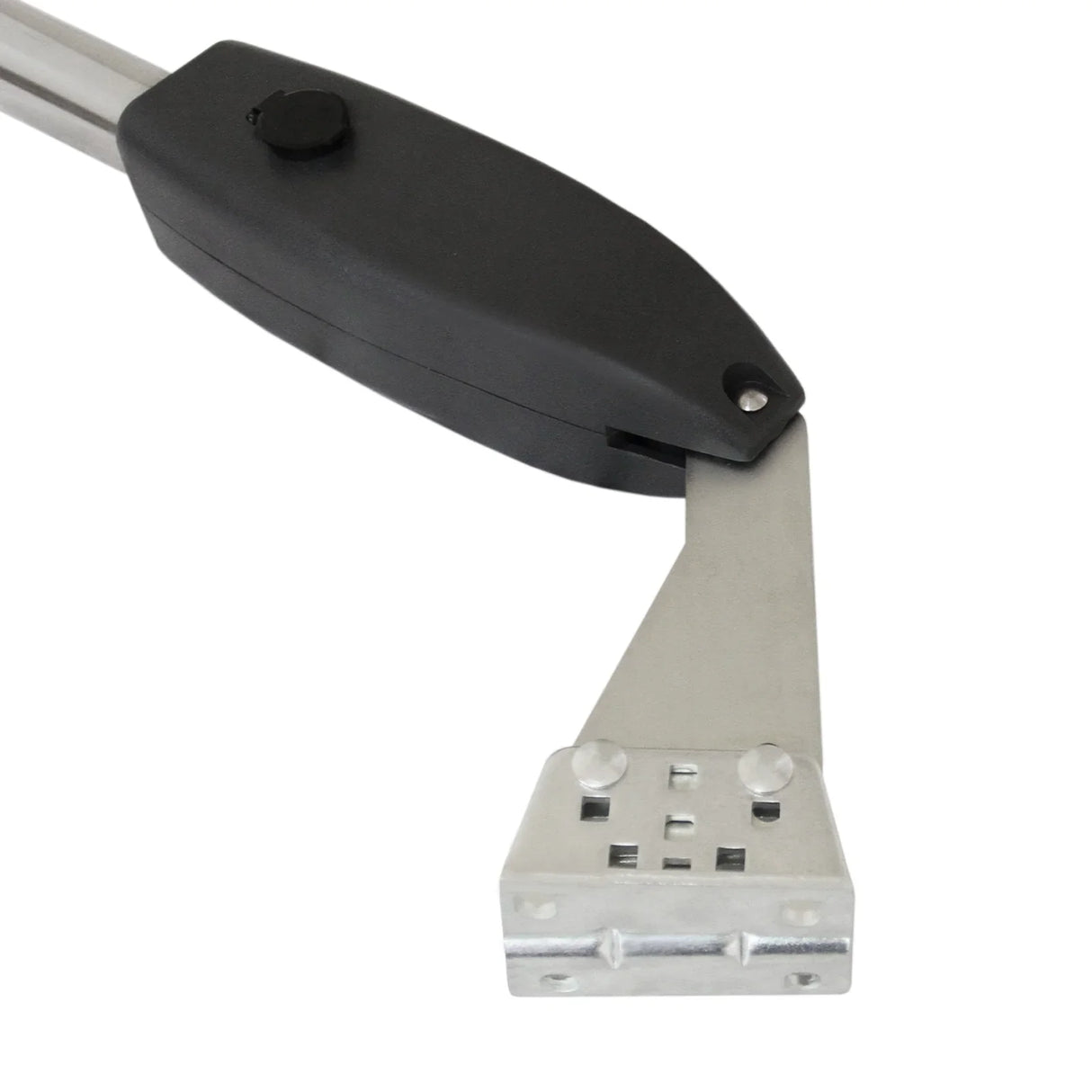 Electric swing gate opener with a sleek black housing, durable silver arm, and mounting plate for easy installation and operation