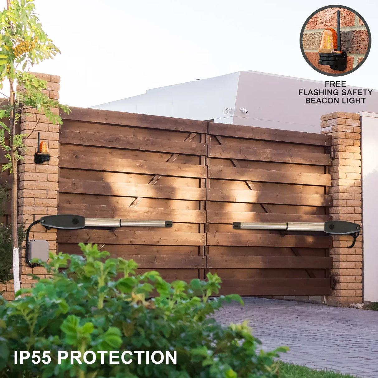 Electric swing gate opener set with two sleek black arms, wooden gate backdrop, and a free flashing safety beacon light