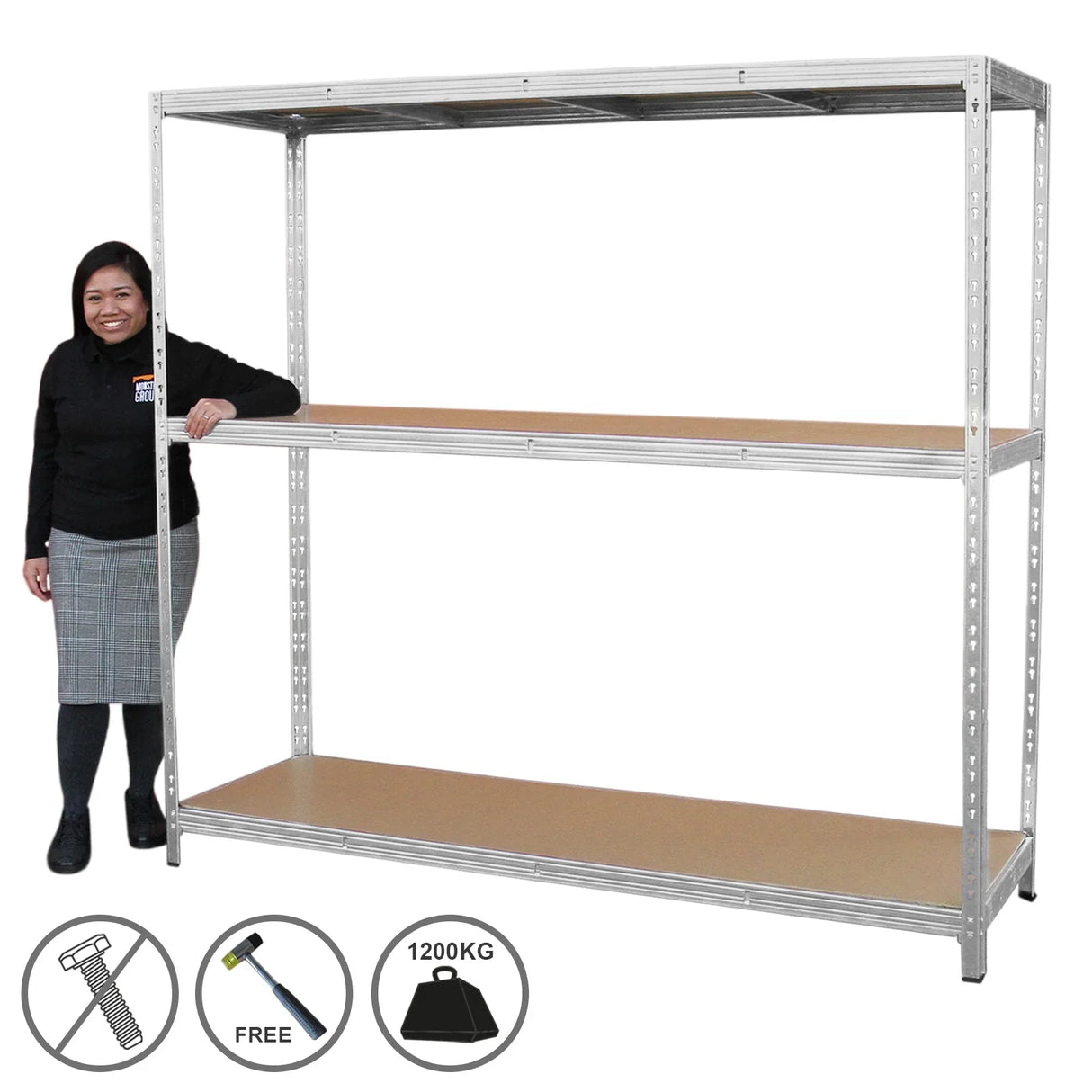 Galvanised steel heavy-duty racking unit with three sturdy shelves, supporting up to 1200kg, featuring a sleek metallic finish and wooden surfaces