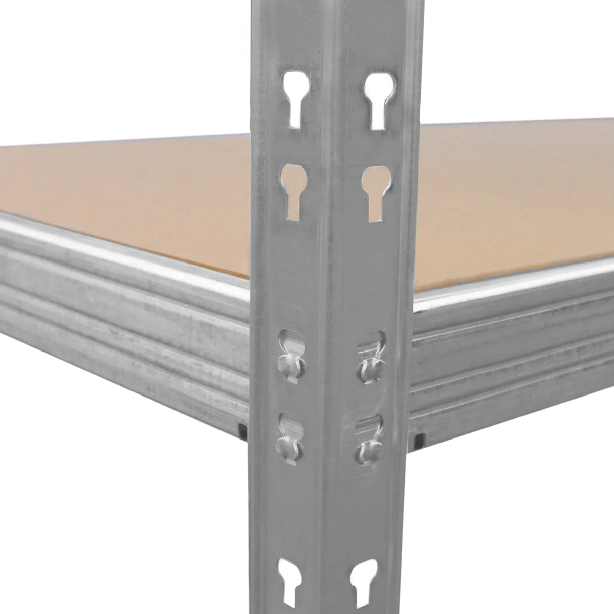 Galvanised steel heavy-duty racking unit corner detail showcasing robust metal frame, adjustable shelving, and smooth wood surface