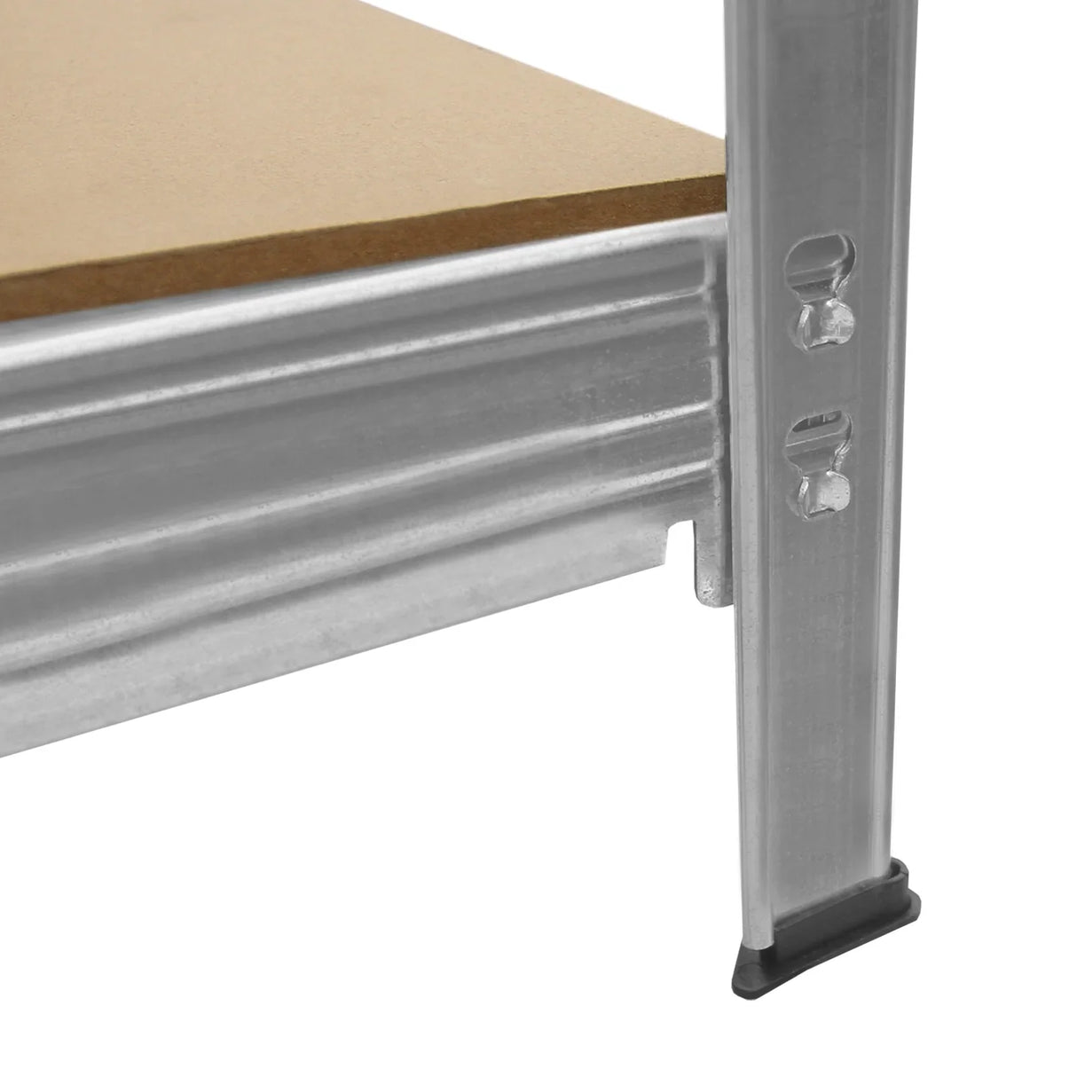 Galvanised steel heavy-duty racking unit corner detail showcasing sturdy metal frame, smooth finish, and wooden shelf surface