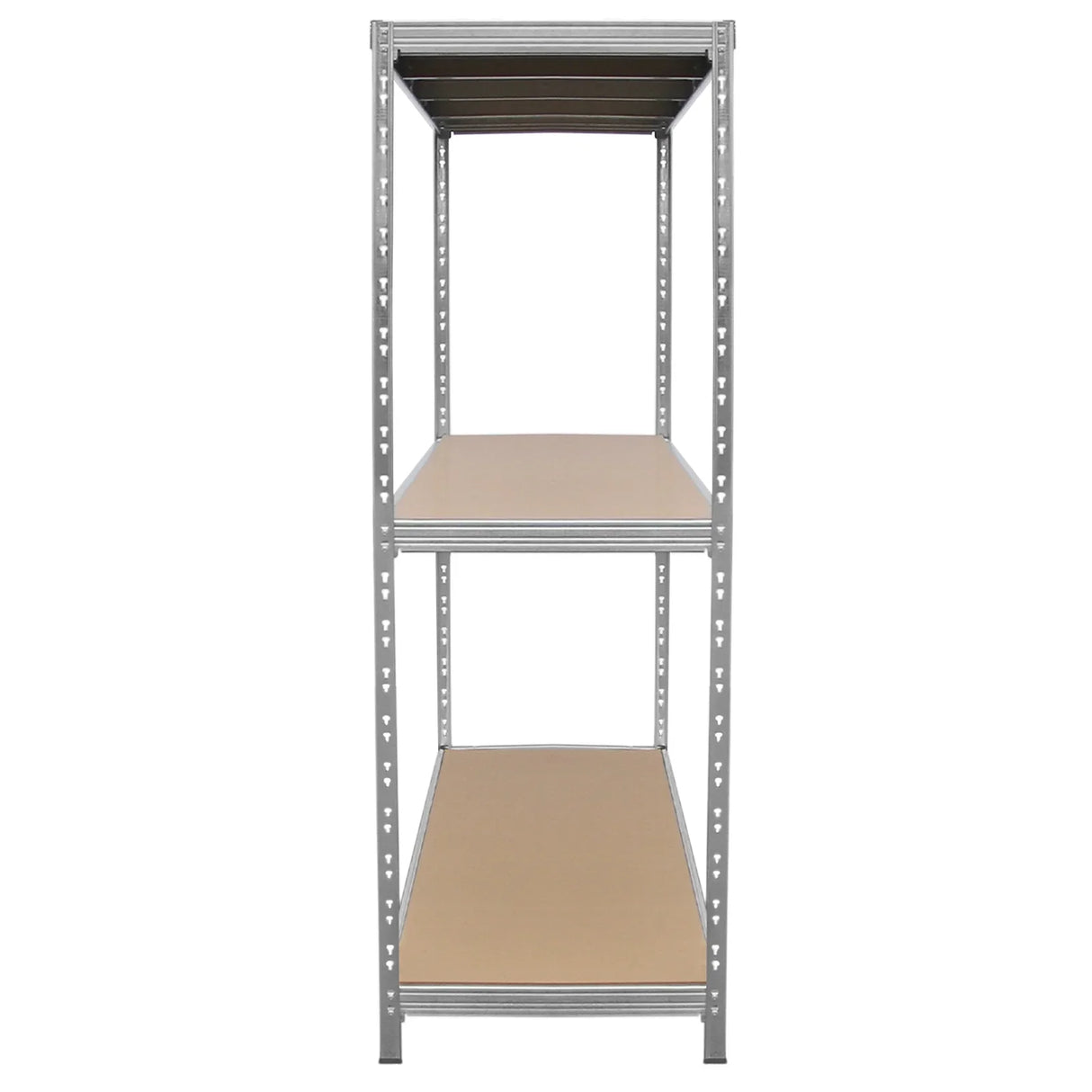 Galvanised steel heavy-duty racking unit with three sturdy shelves, featuring a sleek silver finish and durable, smooth surfaces
